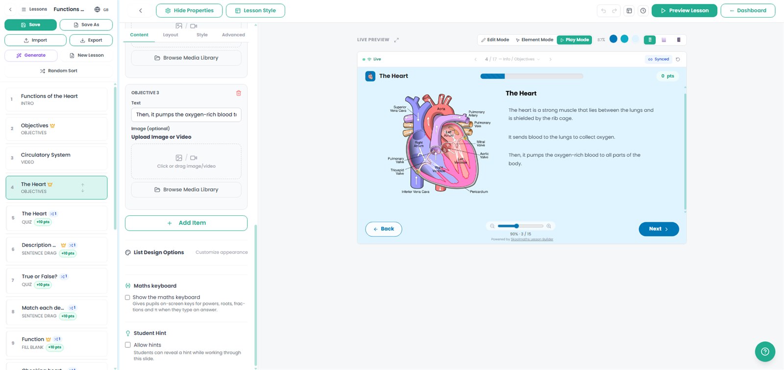 The lesson builder workspace: slide sidebar on the left, properties panel in the centre, live lesson preview on the right
